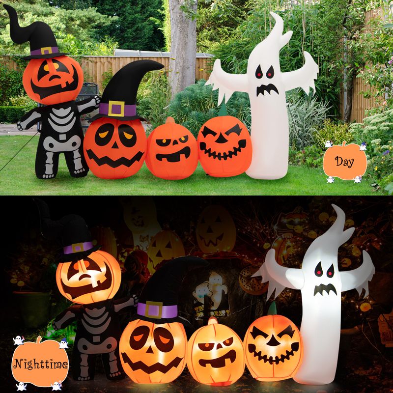 Tangkula 8FT Length Halloween Inflatable Decoration w/Built-in LED & Blower Pumpkin Combo w/ a Ghost Blow Up Yard Decoration Inflates Decor W/ Tethers, 3 of 11
