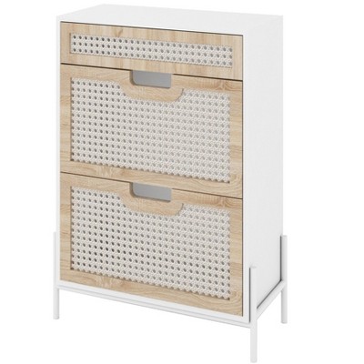 Narrow Rattan Shoe Cabinet with 2 Flip-Doors & Flip-Drawer, Freestanding Storage Organizer with Metal Legs for Entryway Hallway & Living Room