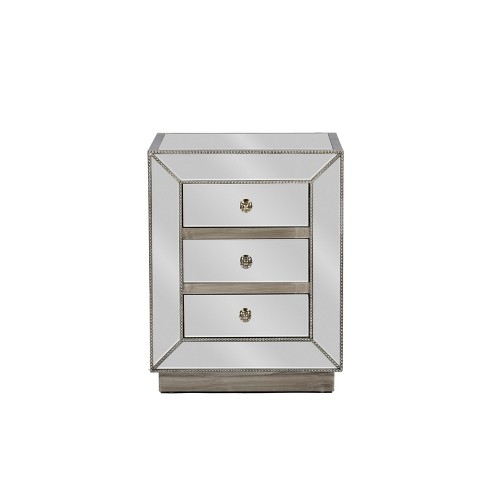 Currin Contemporary Mirror 3 Drawer Nightstand Silver Baxton