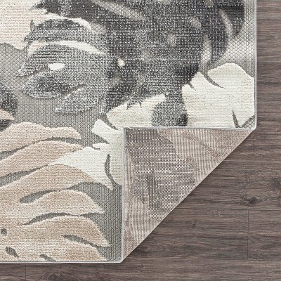 Gray Floral Palm Leaves Synthetic Indoor/Outdoor Runner Rug 2' x 7'