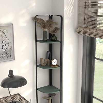 Naija Sage Green 71" Minimalist Corner Bookcase with Black Metal Frame