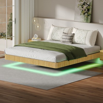 YONWAY Floating Bed Frame, Modern Fluted Oak Platform Bed Frame Floating, Heavy Duty Metal Slats, No Box Spring Required