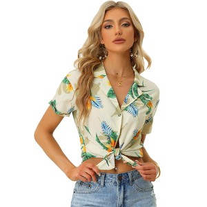 Allegra K Women's Hawaiian Floral Leaves Printed Short Sleeve Button Down Vintage Shirt - 1 of 4