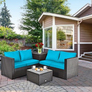 Costway 4PCS Outdoor Patio Rattan Furniture Set Cushion Loveseat Storage Table Turquoise\Red - 1 of 4