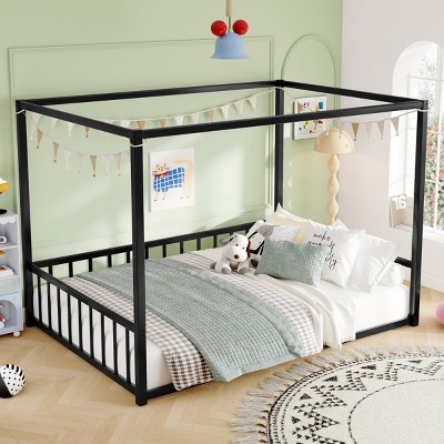 1Pc Floor Bed Frame, Black Metal Low Profile House-Style Design with Guardrails, Mosquito Net Ready - Baofuwish