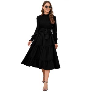 Coolmee Women Maxi Casual Dresses Spring Fall Fashion  Long Sleeve Ruffle Tiered Print Elegant Long Dress S Black - 1 of 4