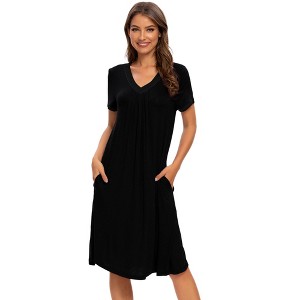 cheibear Women's Soft V-Neck Summer Pajama Lounge Dress with Pockets Nightgowns - 1 of 4