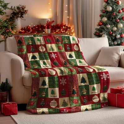 Christmas Flannel Blanket Throw, Red Green Checkered Tree Snow Ornaments Soft.