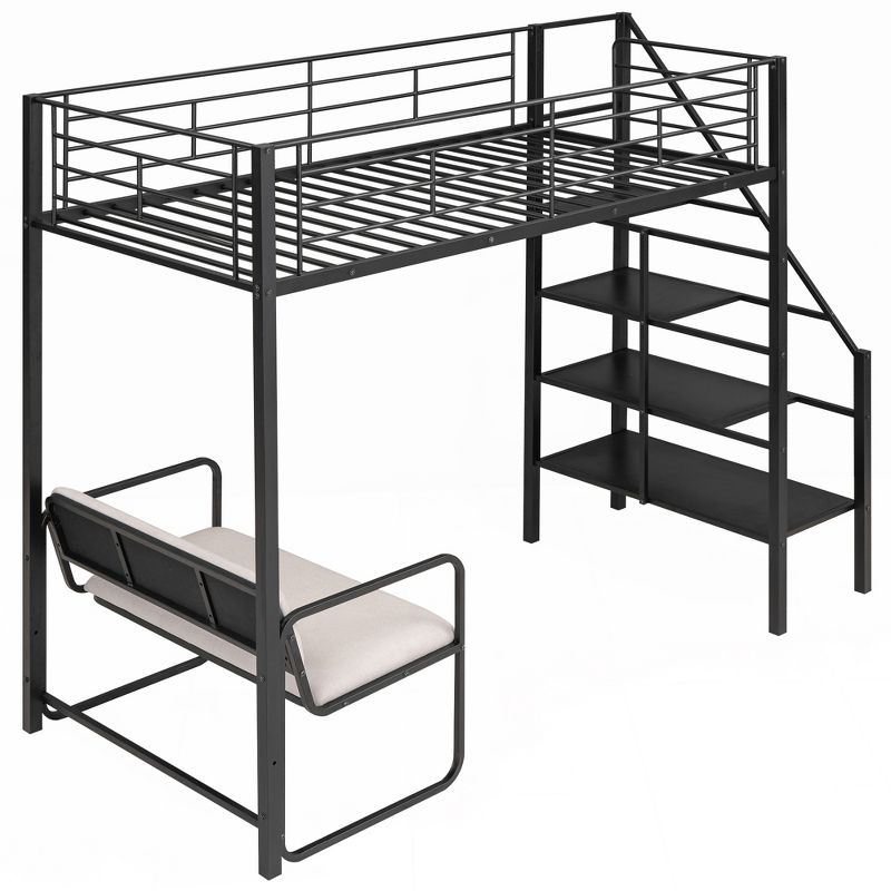 Twin Size Metal Loft Bed with Bench and Storage Staircase, Black-ModernLuxe, 5 of 12