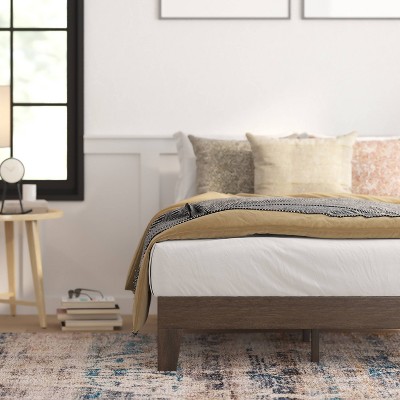 Full Walnut Solid Wood Platform Bed with Slats and Drawer