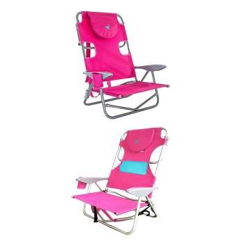 Ostrich On-Your-Back Outdoor Lounge 5-Position Reclining Beach Lake Chair and Ladies Comfort On-Your-Back Backpack Beach Chair, Pink