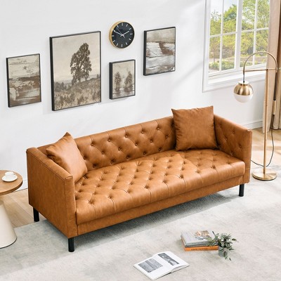 81" Chesterfield Sofa, Modern Leather Couch, Handmade Button Tufted 3 Seater Sofa, Deep Seats and 2 Pillows, for Apartment, Office