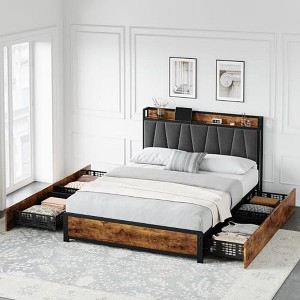 Whizmax Bed Frame with Storage, Linen Upholstered Headboard, 4 Drawers, Charging Station, No Box Spring Needed, Easy Assembly, Vintage Brown - 1 of 4