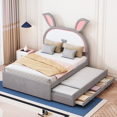 Full/Twin Size Wooden Upholstered Platform Bed Frame with Twin Trundle & 3 Drawers, LED Lights 4Q -ModernLuxe