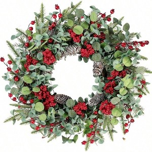 22 Inch Artificial Christmas Wreath Red Berry Pine Needles Pine Cones Eucalyptus Leaves Outdoor Front Door Holiday Decor - 1 of 4