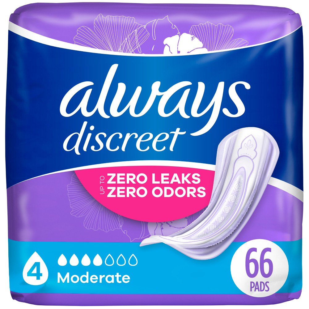 Always Discreet Incontinence & Postpartum Incontinence Pads for Women - Moderate Absorbency - Size 4 - 66ct