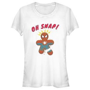 Juniors Womens Marvel Christmas Spider-Man Snap Gingerbread Cookie T-Shirt - 1 of 3