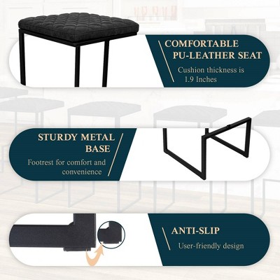 Charcoal Black Quilted Leather Bar Stool with Metal Frame