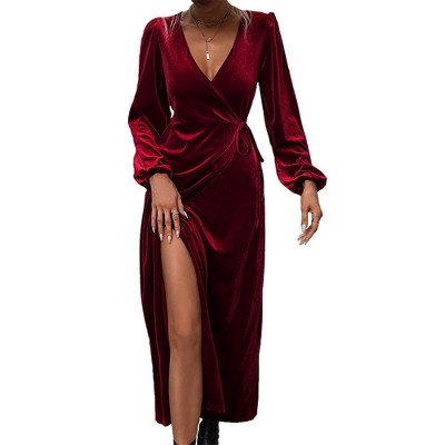 Coolmee Women's V Neck Wrap Velvet Maxi Wedding Guest Dress Puff Long Sleeve Split Bridesmaid Cocktail Party Formal Dresses