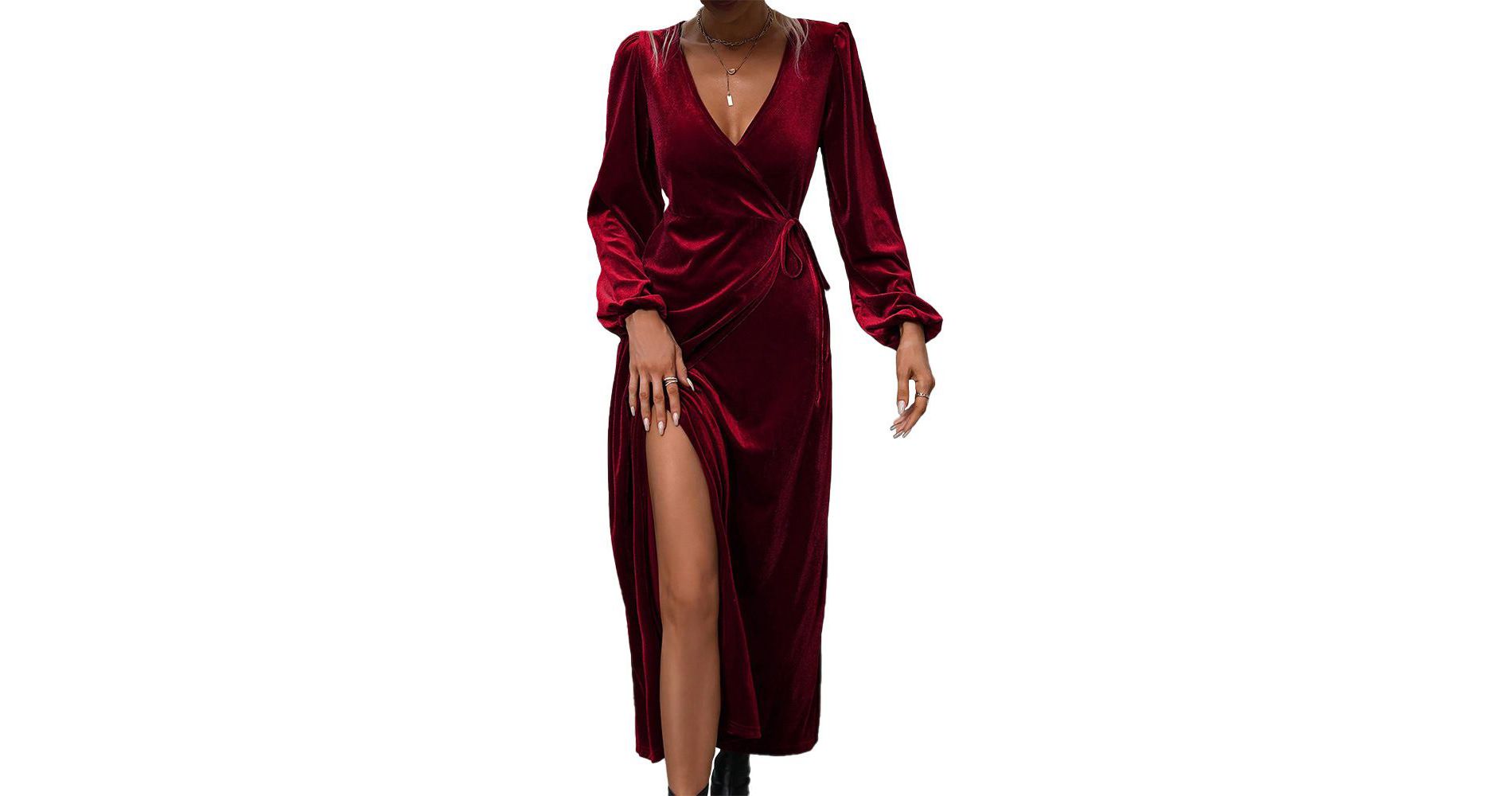 Coolmee Women's V Neck Wrap Velvet Maxi Wedding Guest Dress Puff Long Sleeve Split Bridesmaid Cocktail Party Formal Dresses
