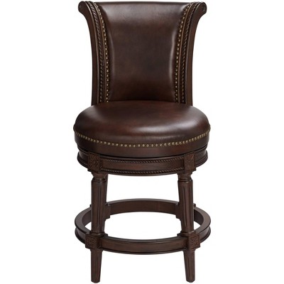 Espresso Leather & Walnut Swivel Bar Stool with Brass Accents