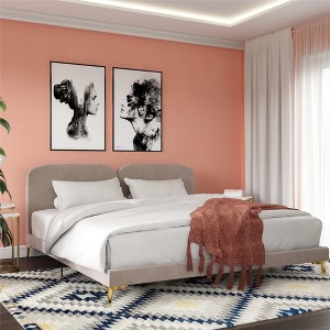 GDFStudio Cherry Modern Velvet Upholstered King Size Bed with Metal Legs - 1 of 4