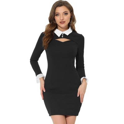 Allegra K Women's Contrast Peter Pan Collar Peekaboo Cutout Front Long Sleeves Mini Dress