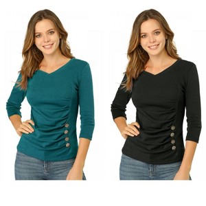 INSPIRE CHIC Women's V Neck 3/4 Sleeves Solid Knitted Buttons Decor Ruched Blouse 2 Packs - 1 of 4