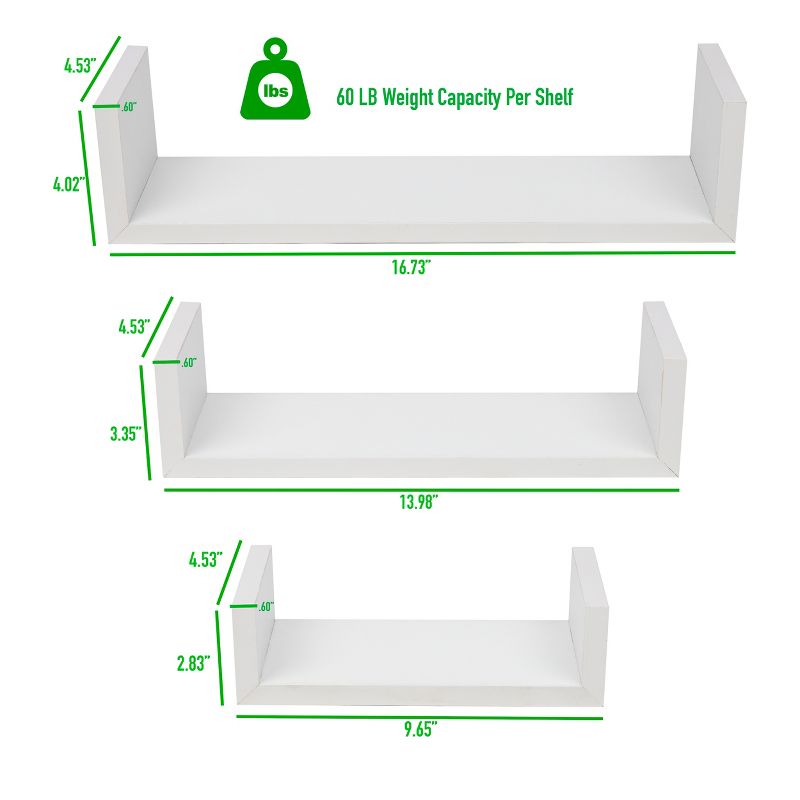 Mind Reader 3 Pack Of U Floating Wall Shelves with Invisible Brackets for Living Room, Bedroom, Bathroom, Kitchen Décor, 3 of 8