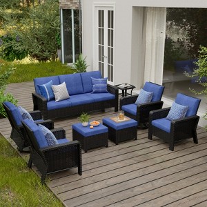SUGOLD 8-Piece Hand Woven Wicker Patio Conversation Set with Blue Cushions - 1 of 4