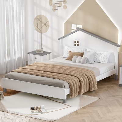 Wood Platform Bed with House-shaped Headboard-ModernLuxe