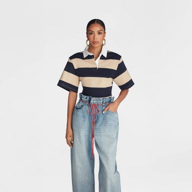 KBB by KAHLANA Women's Short Sleeve 'The Fitted Rugby Shirt' - Navy/Tan Striped XS