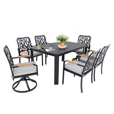 TiramisuBest 7-Piece Outdoor Patio Set - Aluminum Frame, 4 Chairs, 2 Swivel Rockers, Cushions, Rectangular Table w/Umbrella Hole (Bourbon Brown)