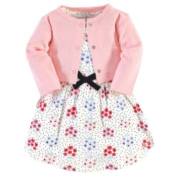 Touched by Nature Baby and Toddler Girl Organic Cotton Dress and Cardigan 2pc Set, Floral Dot