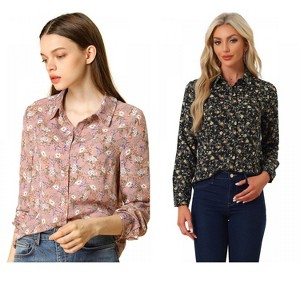 INSPIRE CHIC Women's Point Collar Long Button Sleeve Button Down Floral Shirt 2 Packs - 1 of 4