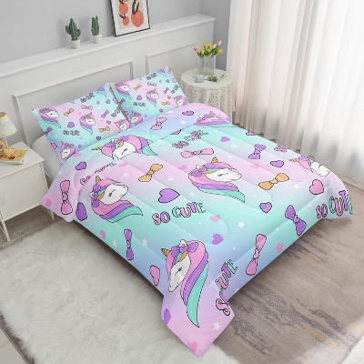 Cartoon Unicorn Comforter Set Full Size – Purple Pink Rainbow Bedding with 1 Comforter & 2 Pillowcases, Bowknot Heart Quilt Set for Girls & Women