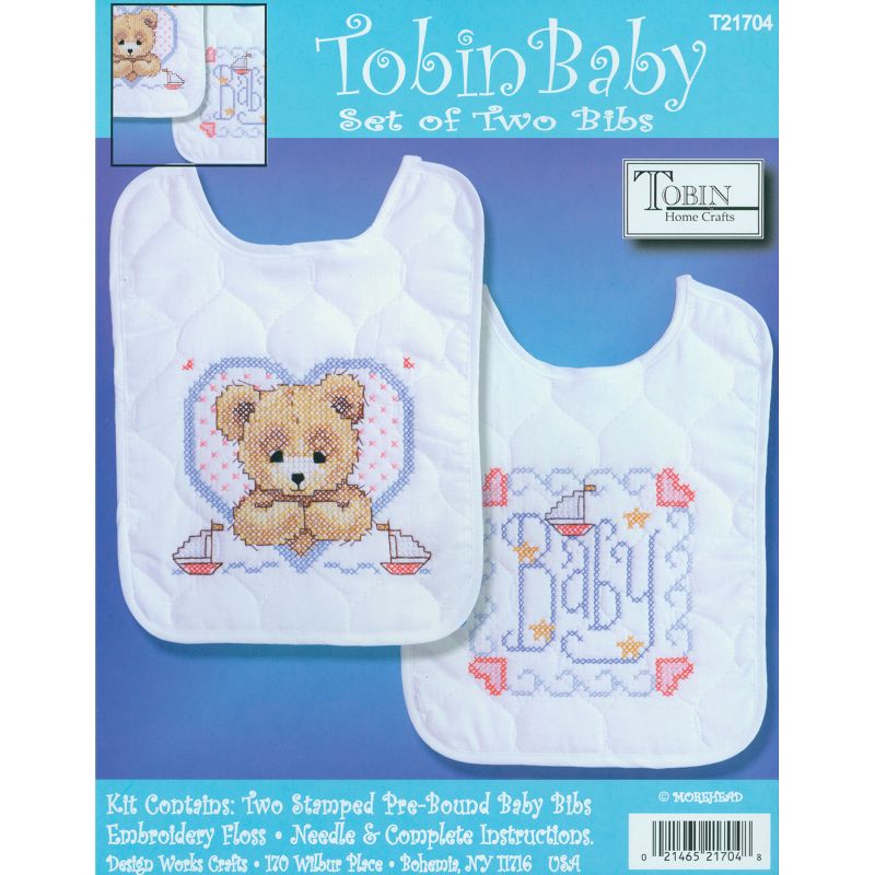 Tobin Stamped Cross Stitch Bib Pair Kit 8"X10" 2/Pkg-Bedtime Prayer Boy, 1 of 3