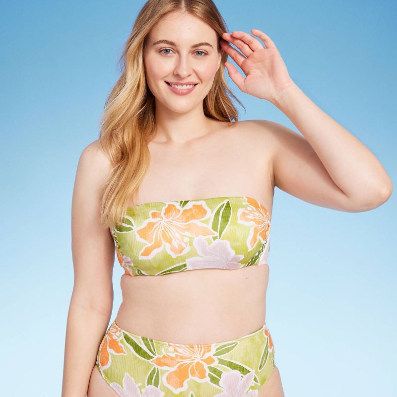Women's Ribbed Hidden Underwire Bandeau Bikini Top - Shade & Shore™ Lime Green Floral Print, 5 of 11