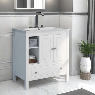 NicBex 30'' Bathroom Storage Cabinet with Sink, Bathroom Vanity, 2 Spacious Cabinet Doors, 2 Open Shelves and 2 Drawers for Bathroom, White