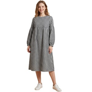 ワンピース Plaid Lantern Sleeve Dress MAMC INSPIRE CHIC Women's Round Neck 3/4 Lantern Sleeve Pullover Empire