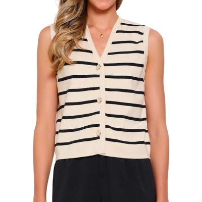 INSPIRE CHIC Women's V-Neck Sleeveless Button Down Knitted Striped Sweater Vest