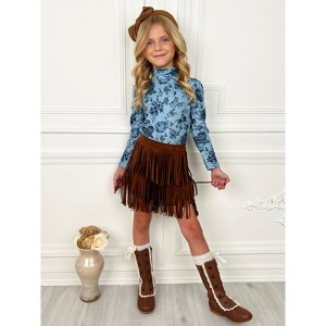 Blue Floral Turtleneck Top and Fringe Skort Set Mia Belle Girls - 1 of 4