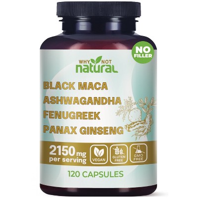 Why Not Natural 4-in-1 Organic Black Maca Root, Ashwagandha, Fenugreek, Panax Ginseng Capsules, Supplement for Men and Women, 120 Capsules