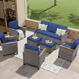 Buenhomino 7-Piece Outdoor Patio Set – 4 Single Chairs, 2 Ottomans & Sofa, All-Weather Wicker Furniture with Cushions, Beige - 1 of 4