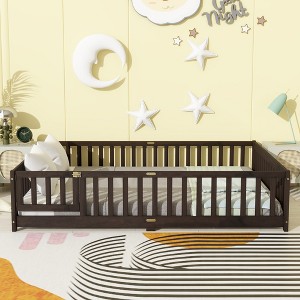 MAYEERTY Queen Floor Bed with Fence,Door, Rubber Wood Floor Bed Guardrails Brown - 1 of 4