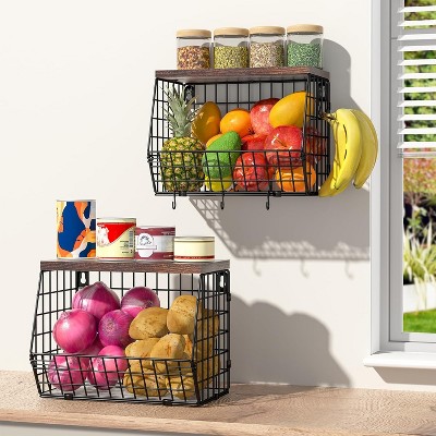 2 Tier Fruit Bowl Stackable Wall Mounted Hanging Basket with Wood Lid and 4 Banana Hanger Hooks