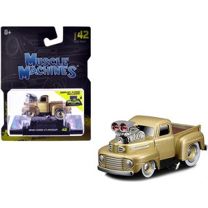 1949 Ford F1 Pickup Truck Gold Metallic 1/64 Die Cast Model Car by Muscle Machines - 1 of 3
