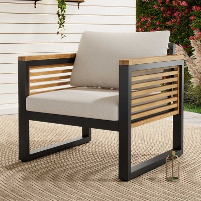 Outdoor Acacia Wood Arm Chairs,Accent Chair with Cushions and Iron Frame Patio Chair,Water-Resistant Lounge Chair for Garden-Coolbibila