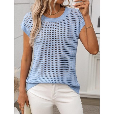 Womens Semi Sheer Lightweight Crochet Crew Neck Sweater Tops for Summer Cap Sleeve Casual Pullover Sweate
