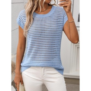 Womens Semi Sheer Lightweight Crochet Crew Neck Sweater Tops for Summer Cap Sleeve Casual Pullover Sweate - 1 of 4